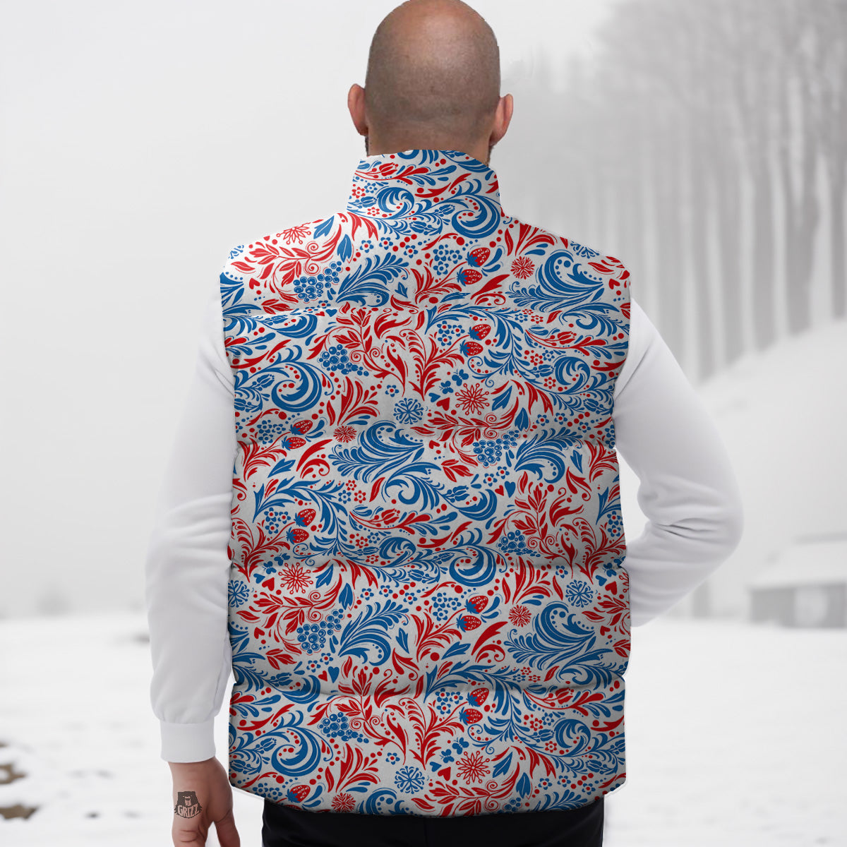Traditional Khokhloma Red And Blue Print Pattern Down Vest