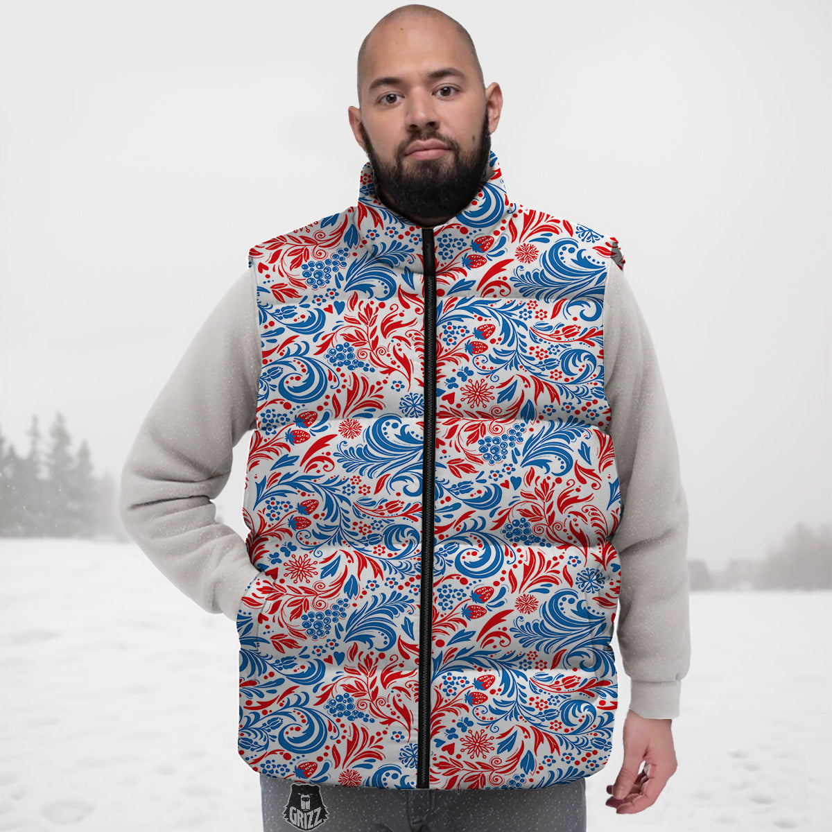 Traditional Khokhloma Red And Blue Print Pattern Down Vest