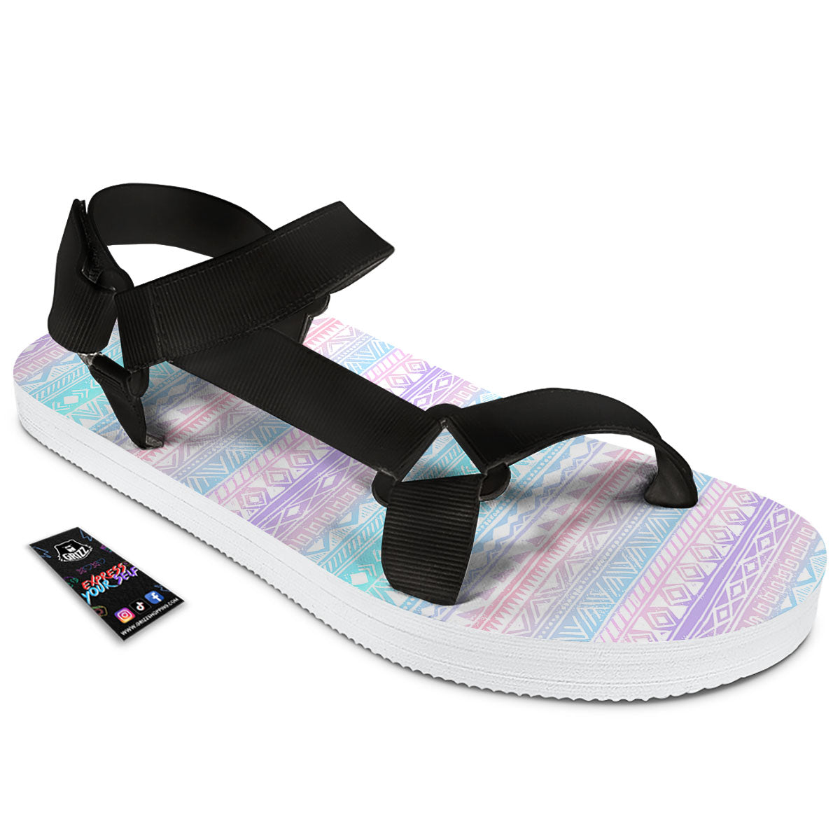 Tribal Aztec Pastel Print Pattern Black Open Toe Sandals-grizzshop