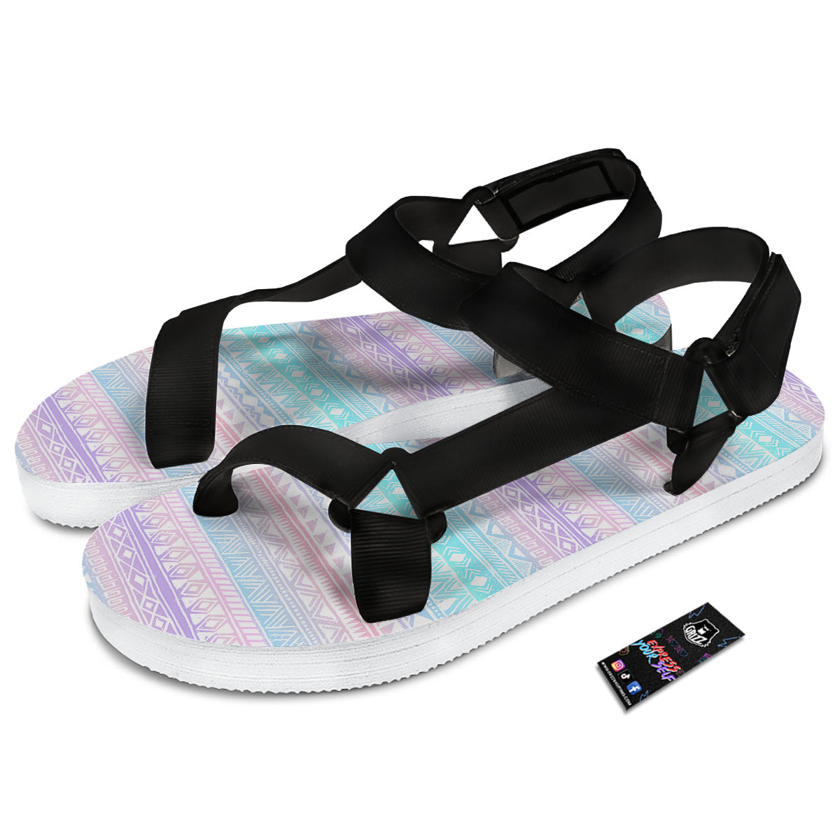 Tribal Aztec Pastel Print Pattern Black Open Toe Sandals-grizzshop