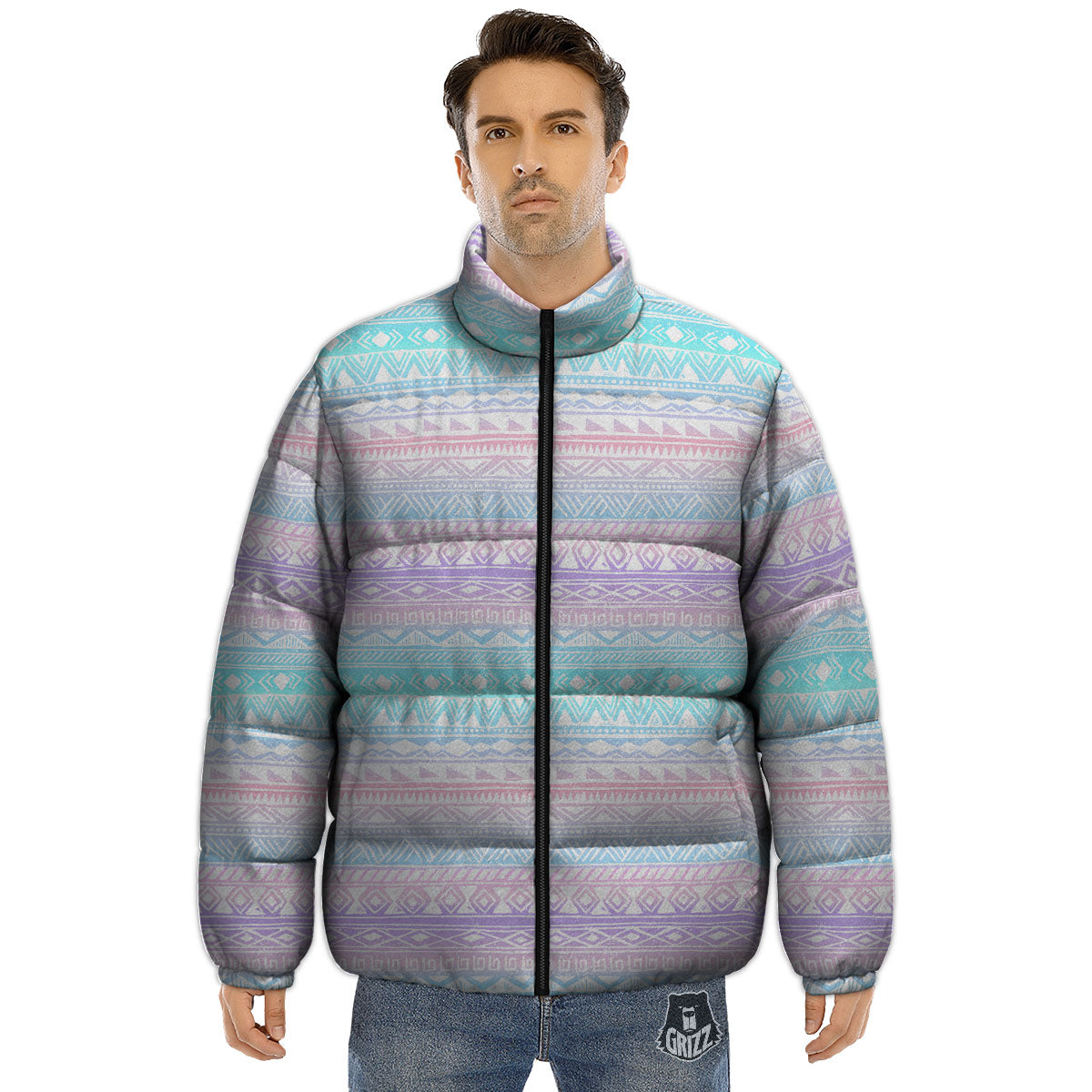 Tribal Aztec Pastel Print Pattern Puffer Jacket-grizzshop