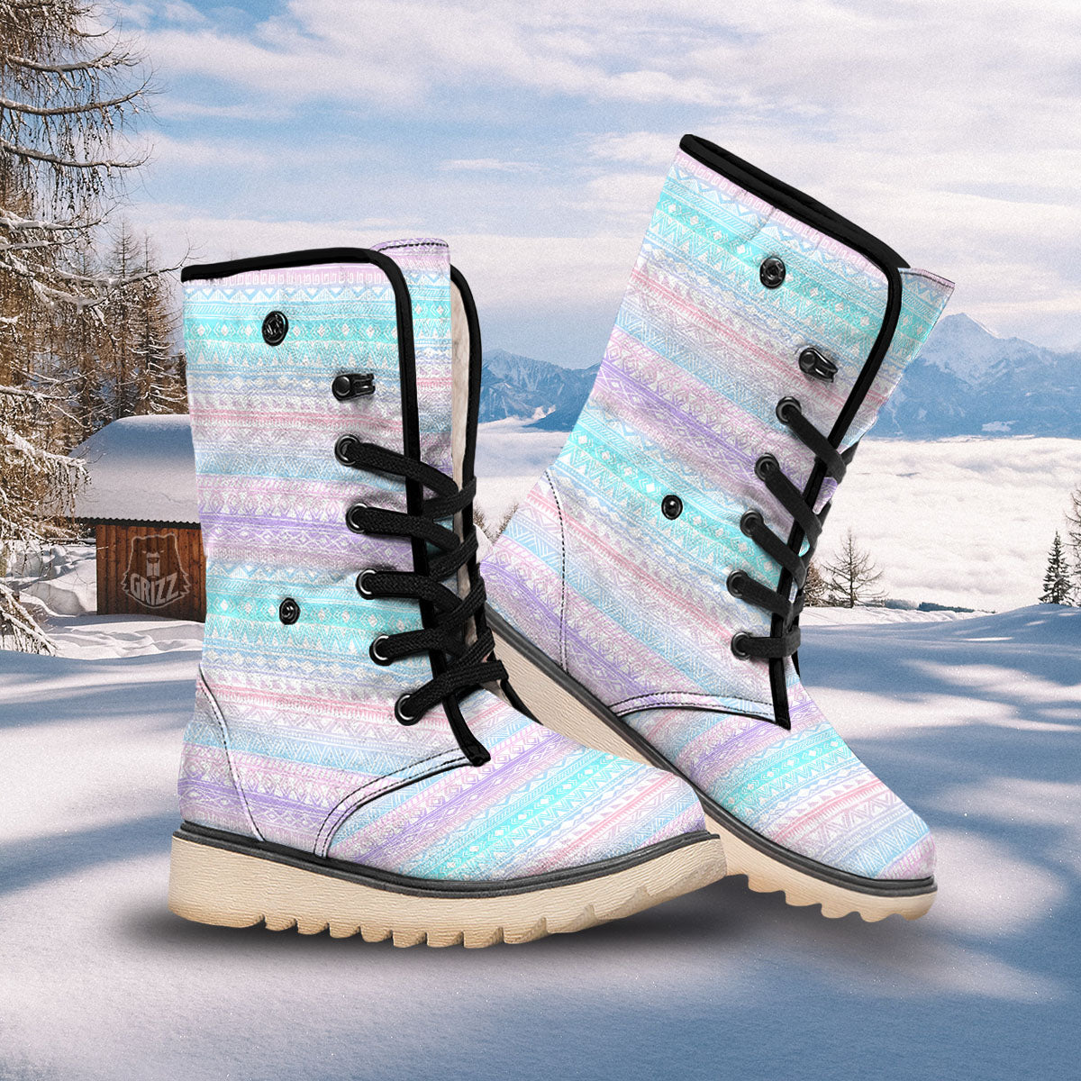 Tribal Aztec Pastel Print Pattern Snow Boots-grizzshop