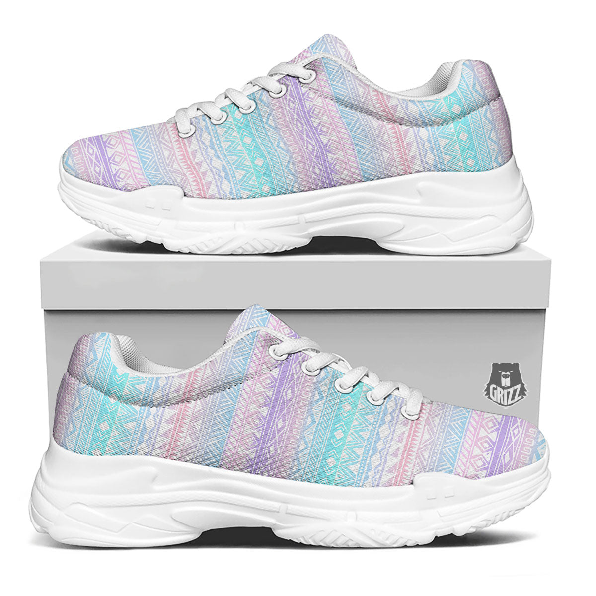 Tribal Aztec Pastel Print Pattern White Chunky Shoes-grizzshop