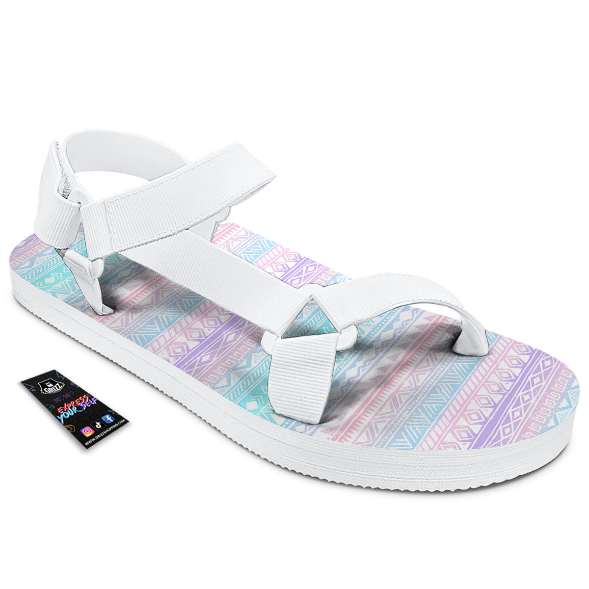 Tribal Aztec Pastel Print Pattern White Open Toe Sandals-grizzshop