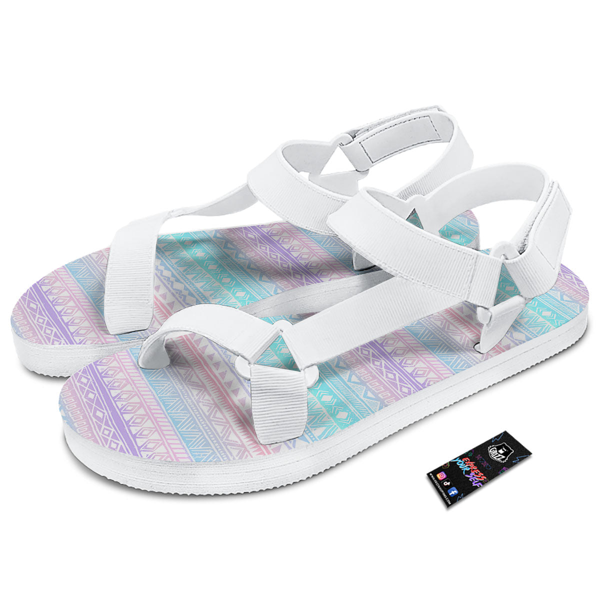 Tribal Aztec Pastel Print Pattern White Open Toe Sandals-grizzshop