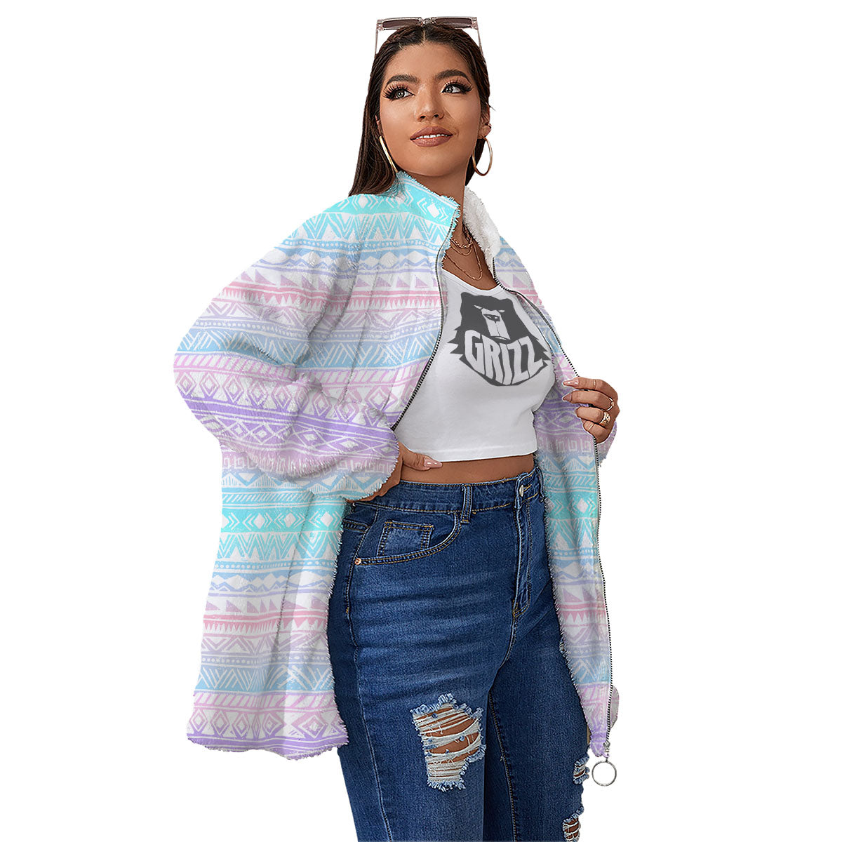 Tribal Aztec Pastel Print Pattern Women's Sherpa Jacket-grizzshop