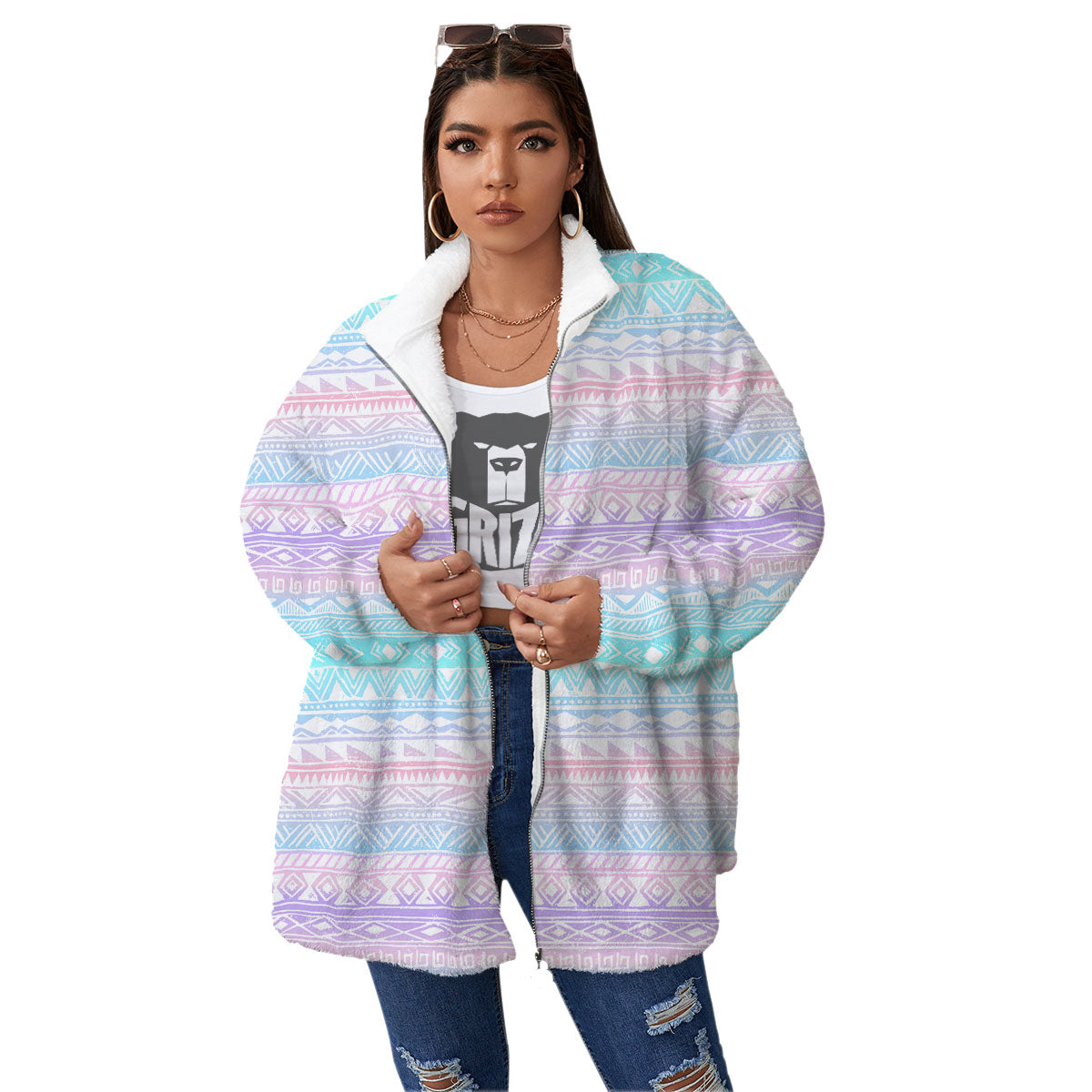 Tribal Aztec Pastel Print Pattern Women's Sherpa Jacket-grizzshop