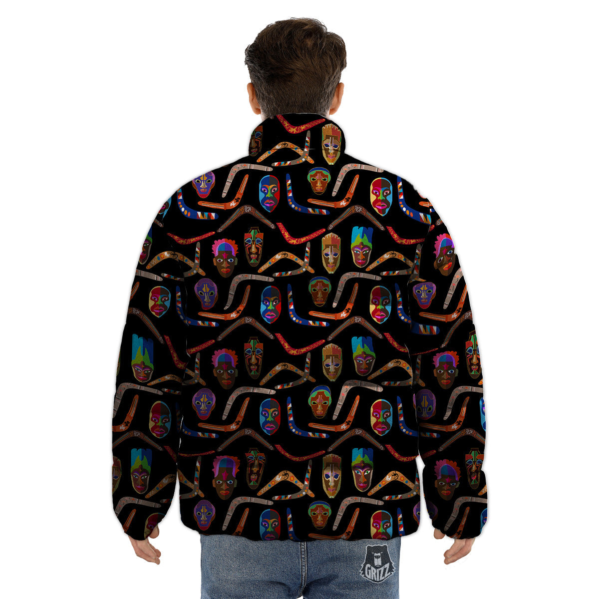 Tribal Boomerangs Print Pattern Puffer Jacket-grizzshop