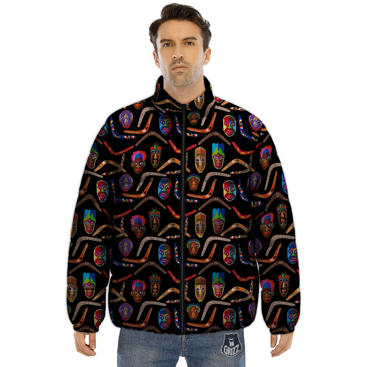 Tribal Boomerangs Print Pattern Puffer Jacket-grizzshop