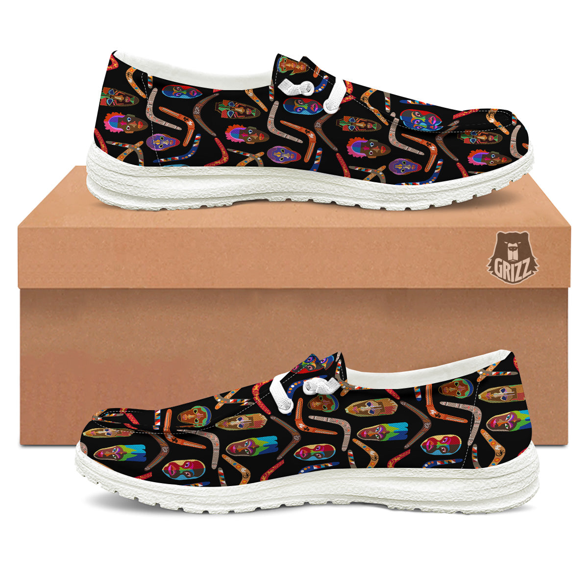 Tribal Boomerangs Print Pattern White Loafers-grizzshop
