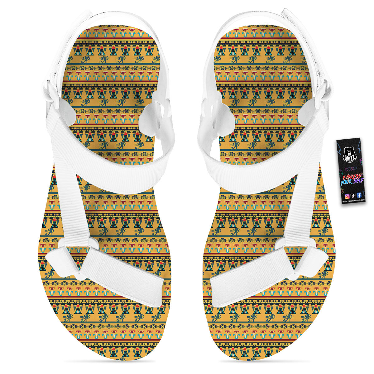 Tribal Egyptian Print Pattern White Open Toe Sandals-grizzshop