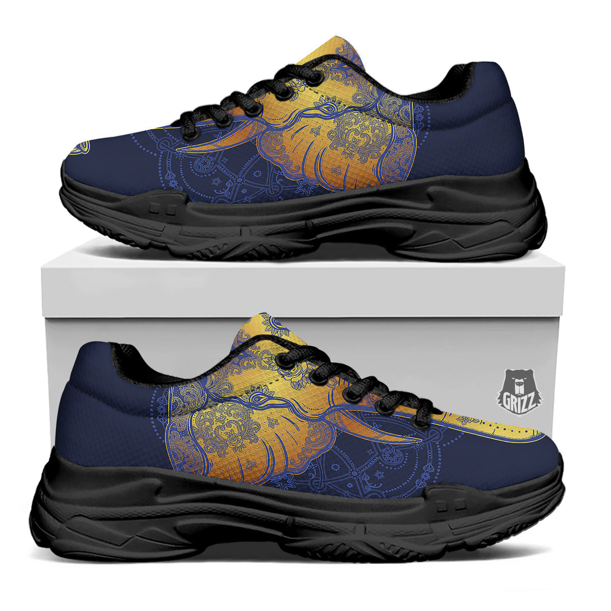 Tribal Elephant Gold And Blue Print Black Chunky Shoes-grizzshop