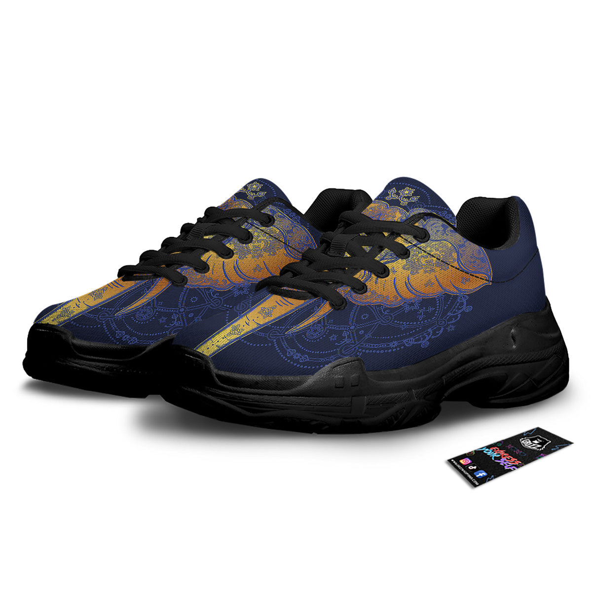Tribal Elephant Gold And Blue Print Black Chunky Shoes-grizzshop
