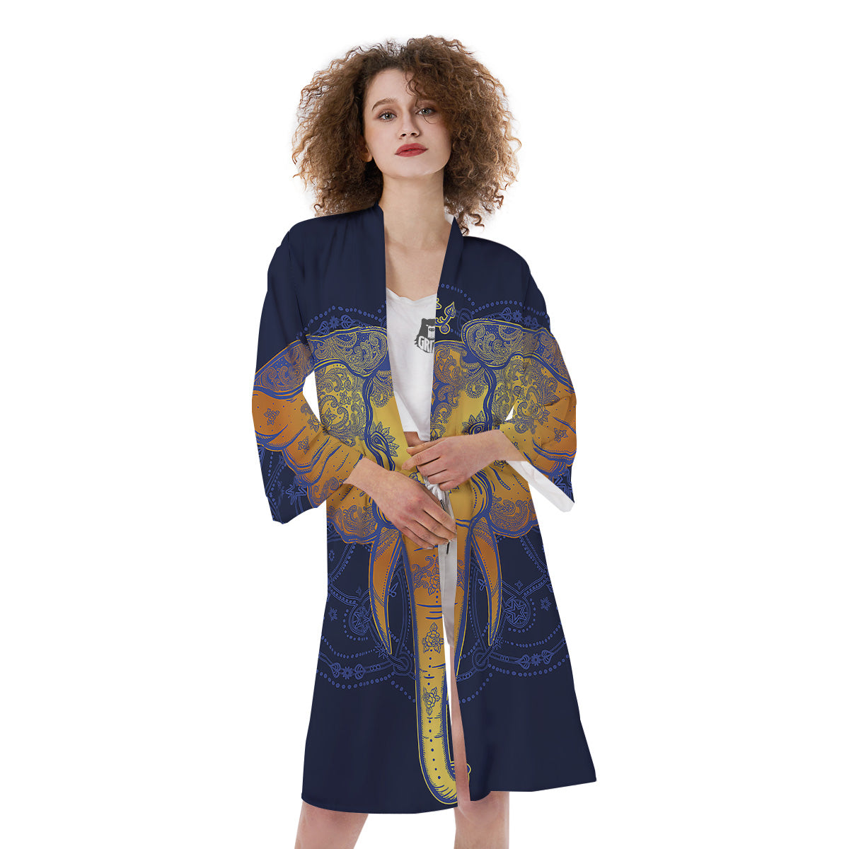 Tribal Elephant Gold And Blue Print Kimono-grizzshop