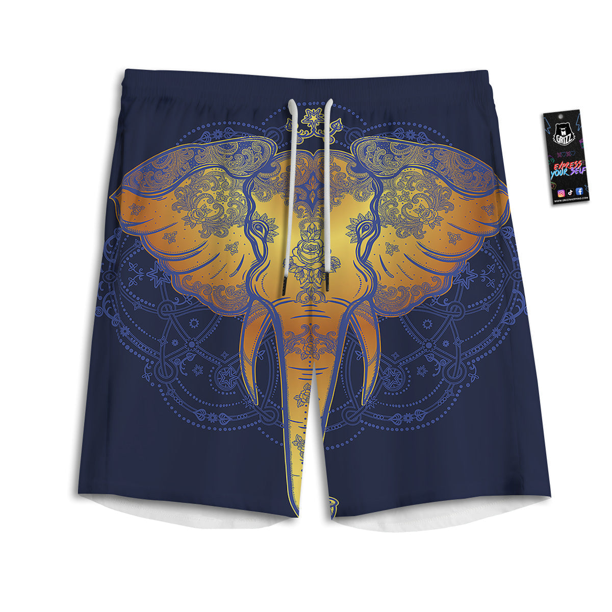 Tribal Elephant Gold And Blue Print Men's Athletic Shorts