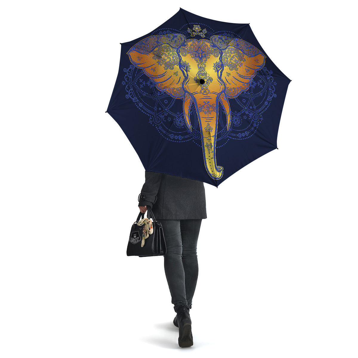 Tribal Elephant Gold And Blue Print Umbrella-grizzshop