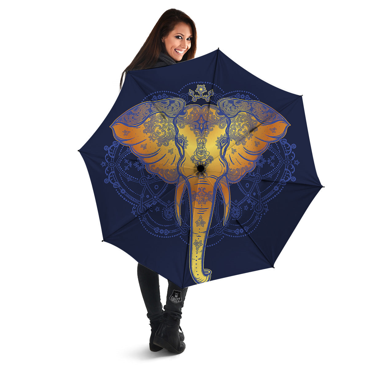 Tribal Elephant Gold And Blue Print Umbrella-grizzshop