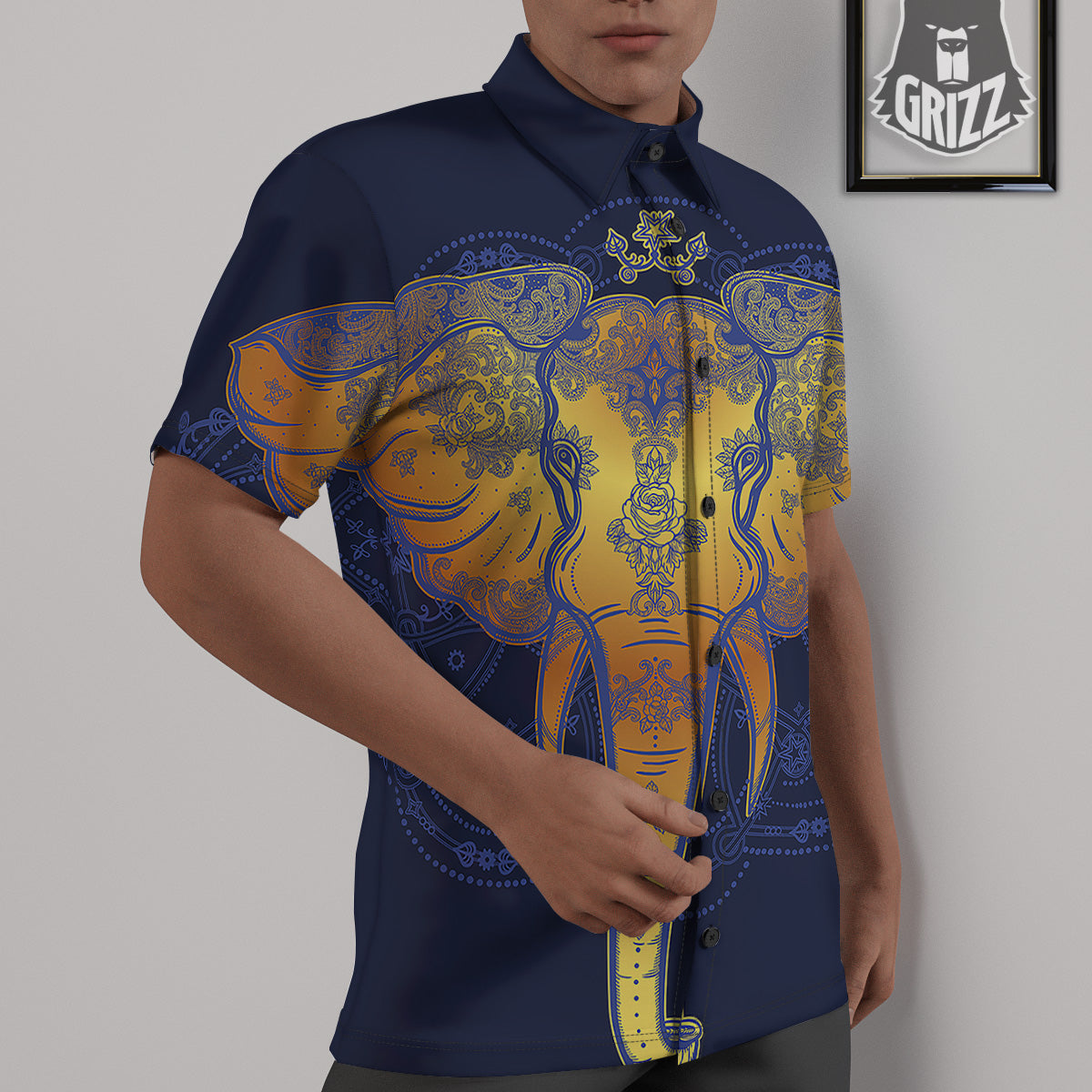 Tribal Elephant Gold And Blue Print Untucked Shirts-grizzshop