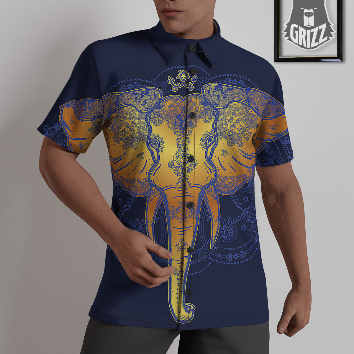 Tribal Elephant Gold And Blue Print Untucked Shirts-grizzshop