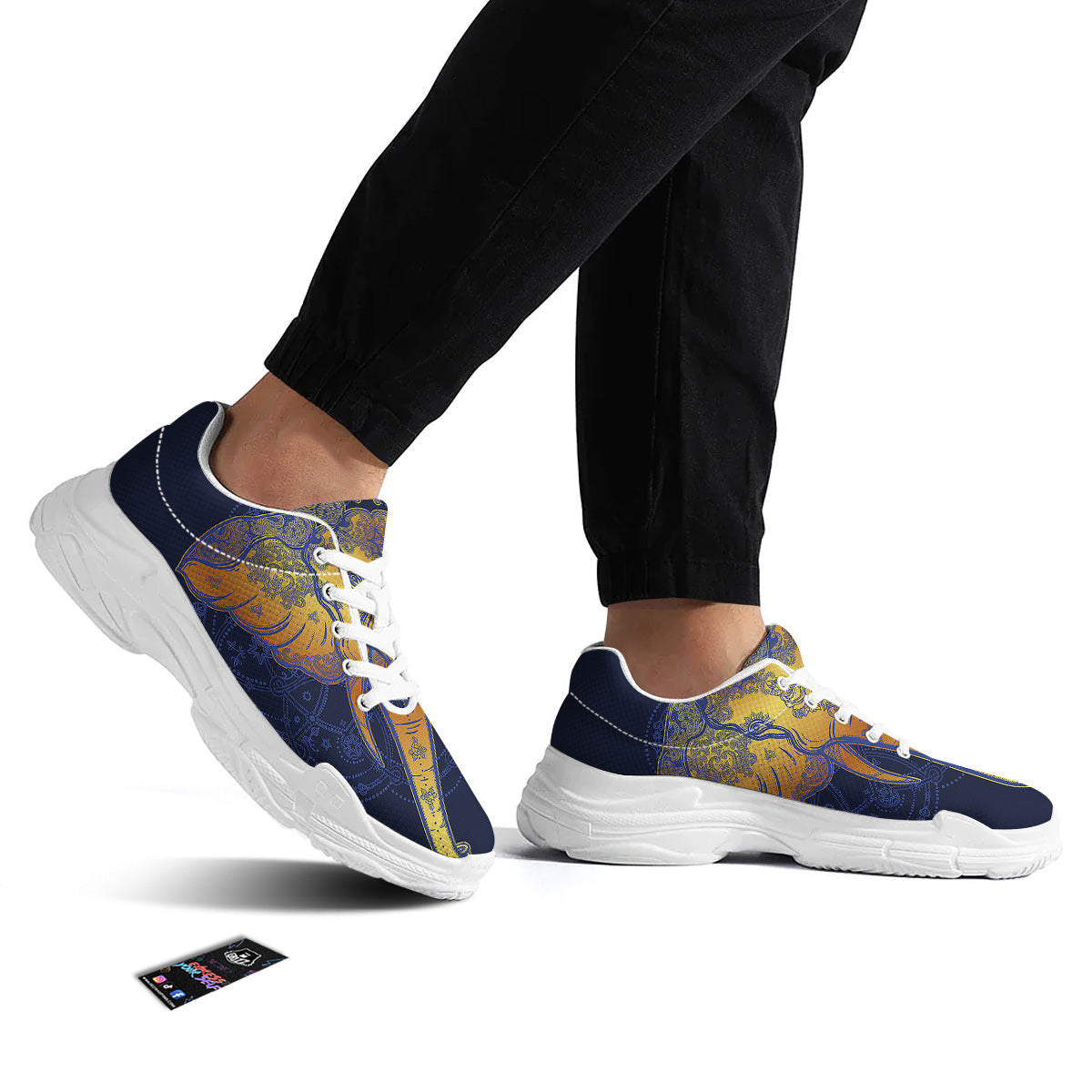 Tribal Elephant Gold And Blue Print White Chunky Shoes-grizzshop