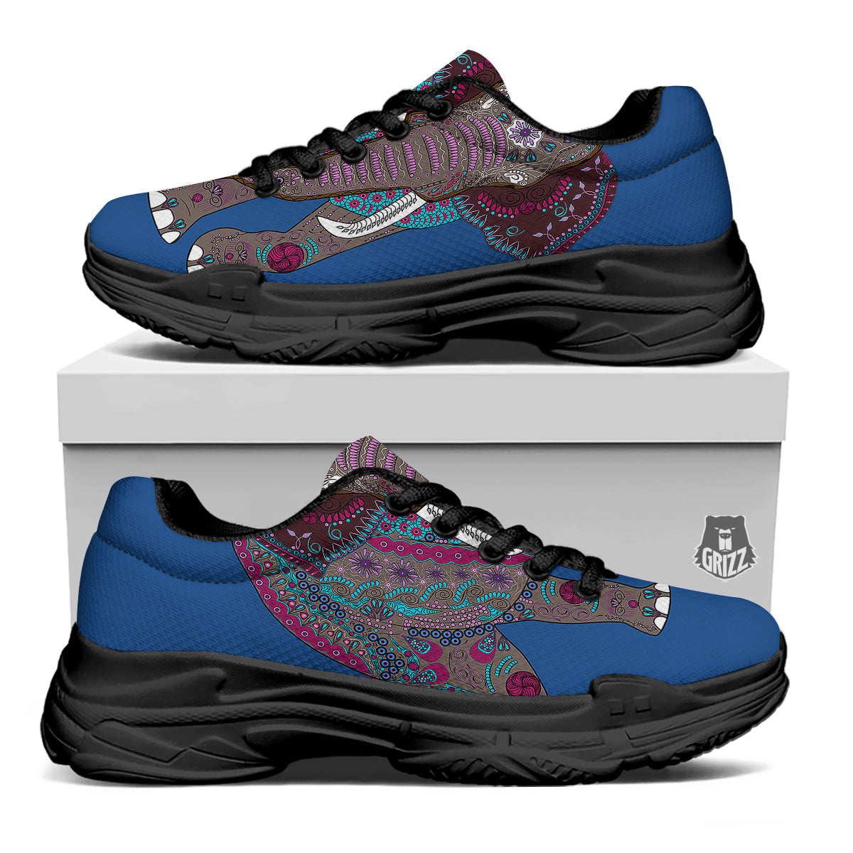 Tribal Elephant Indian Cute Print Black Chunky Shoes-grizzshop