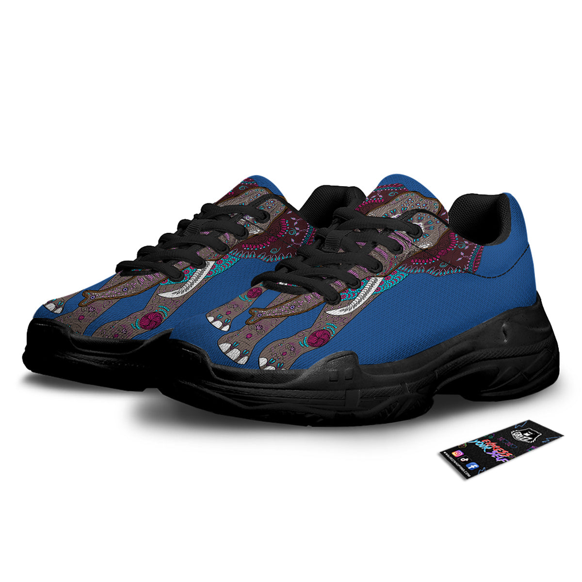 Tribal Elephant Indian Cute Print Black Chunky Shoes-grizzshop