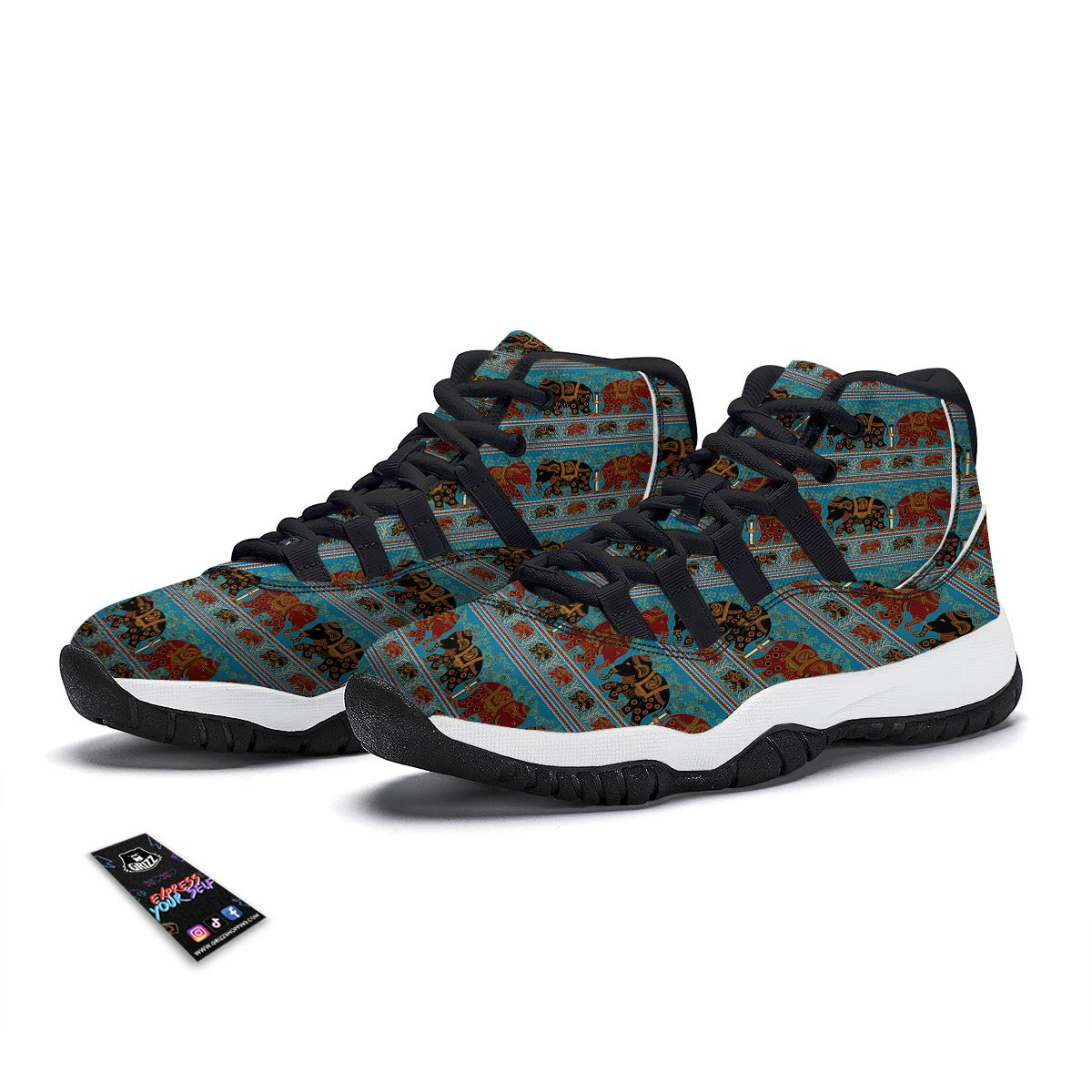 Tribal Elephant Print Black Bball Shoes-grizzshop