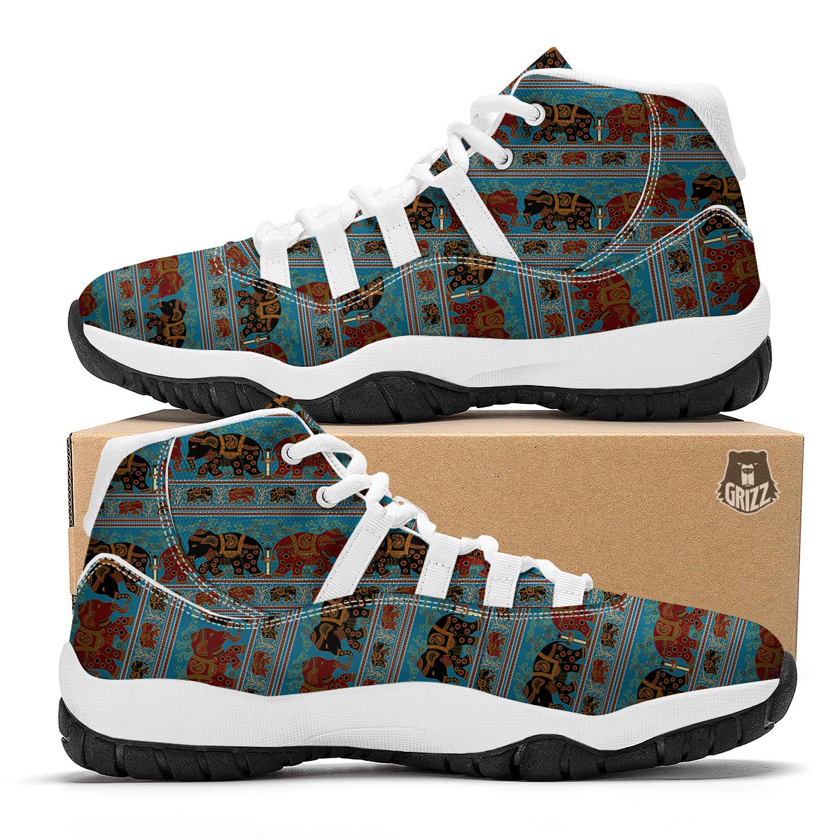 Tribal Elephant Print White Bball Shoes-grizzshop