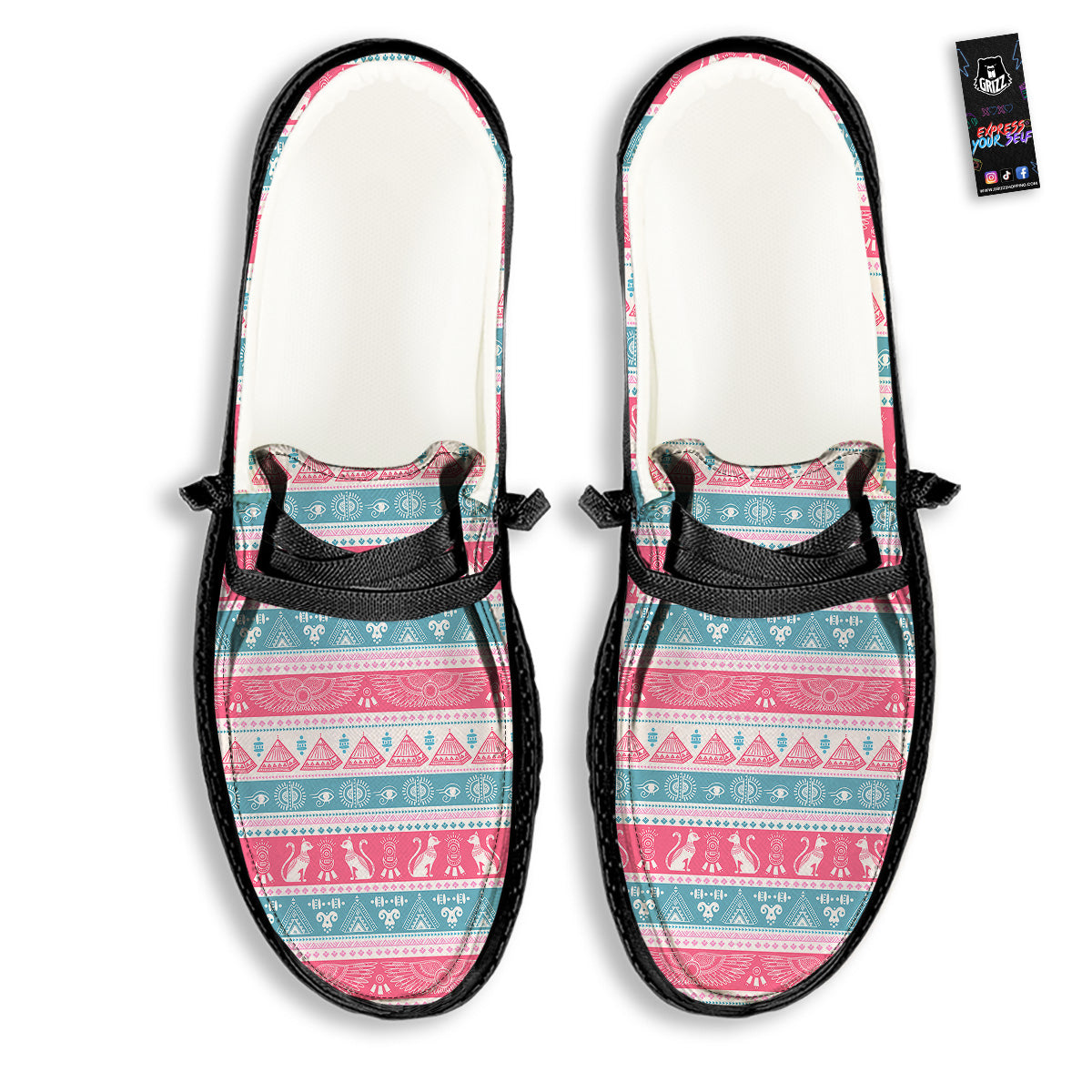 Tribal Ethnic Pink Blue Egypt Print Pattern Black Loafers-grizzshop