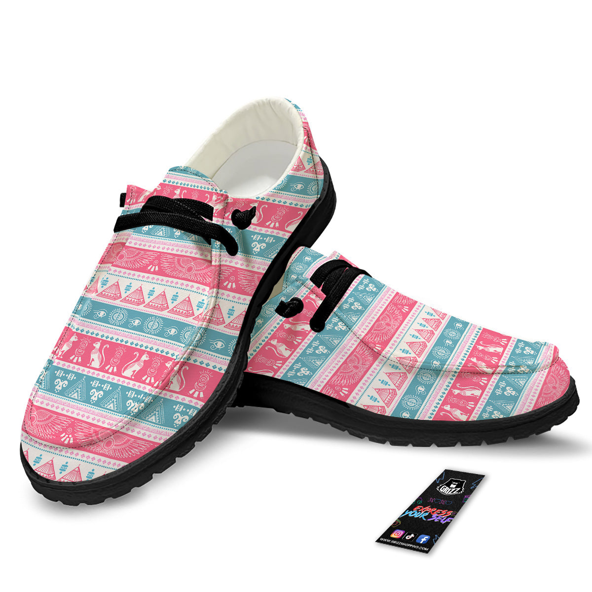 Tribal Ethnic Pink Blue Egypt Print Pattern Black Loafers-grizzshop