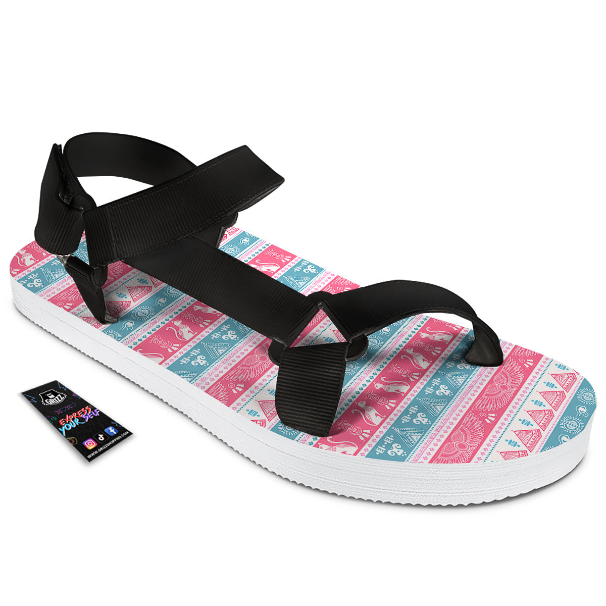 Tribal Ethnic Pink Blue Egypt Print Pattern Black Open Toe Sandals-grizzshop