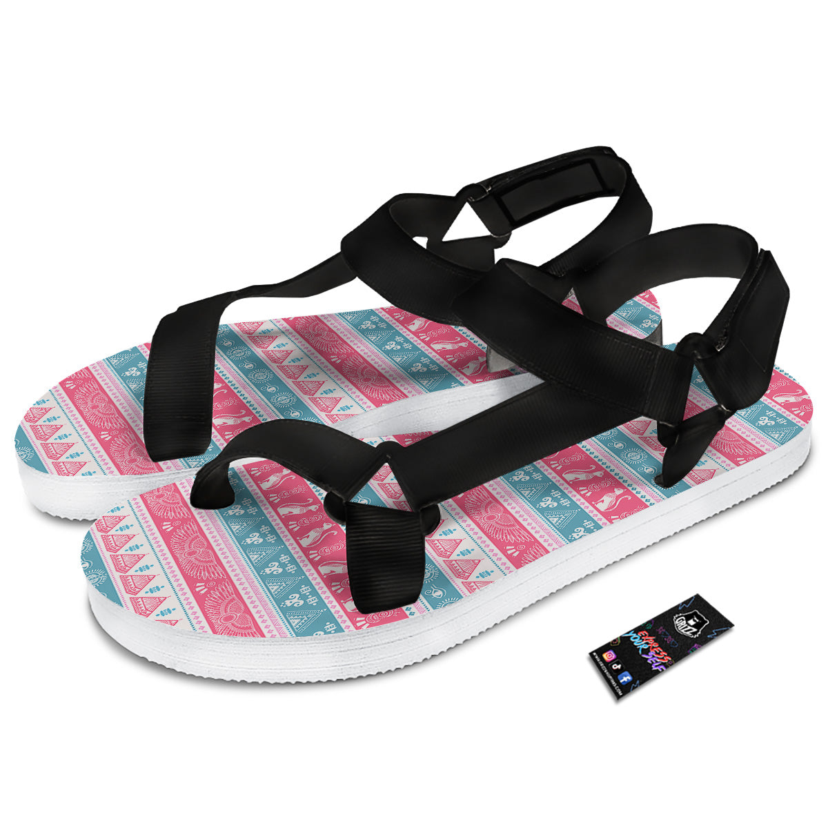 Tribal Ethnic Pink Blue Egypt Print Pattern Black Open Toe Sandals-grizzshop