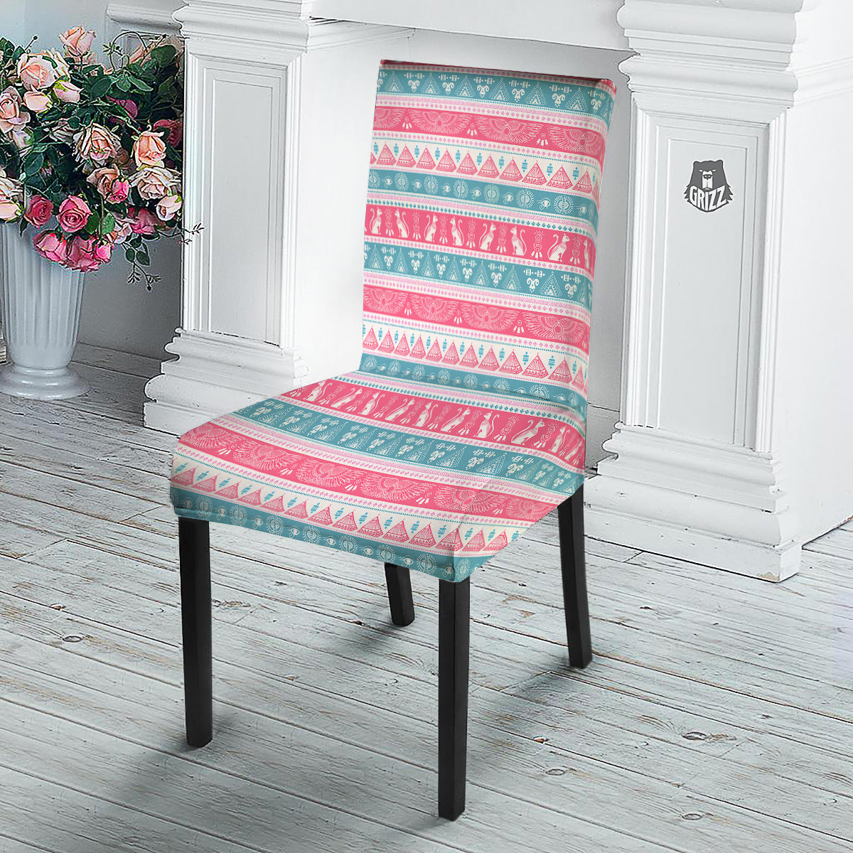 Tribal Ethnic Pink Blue Egypt Print Pattern Dining Chair Slipcover-grizzshop
