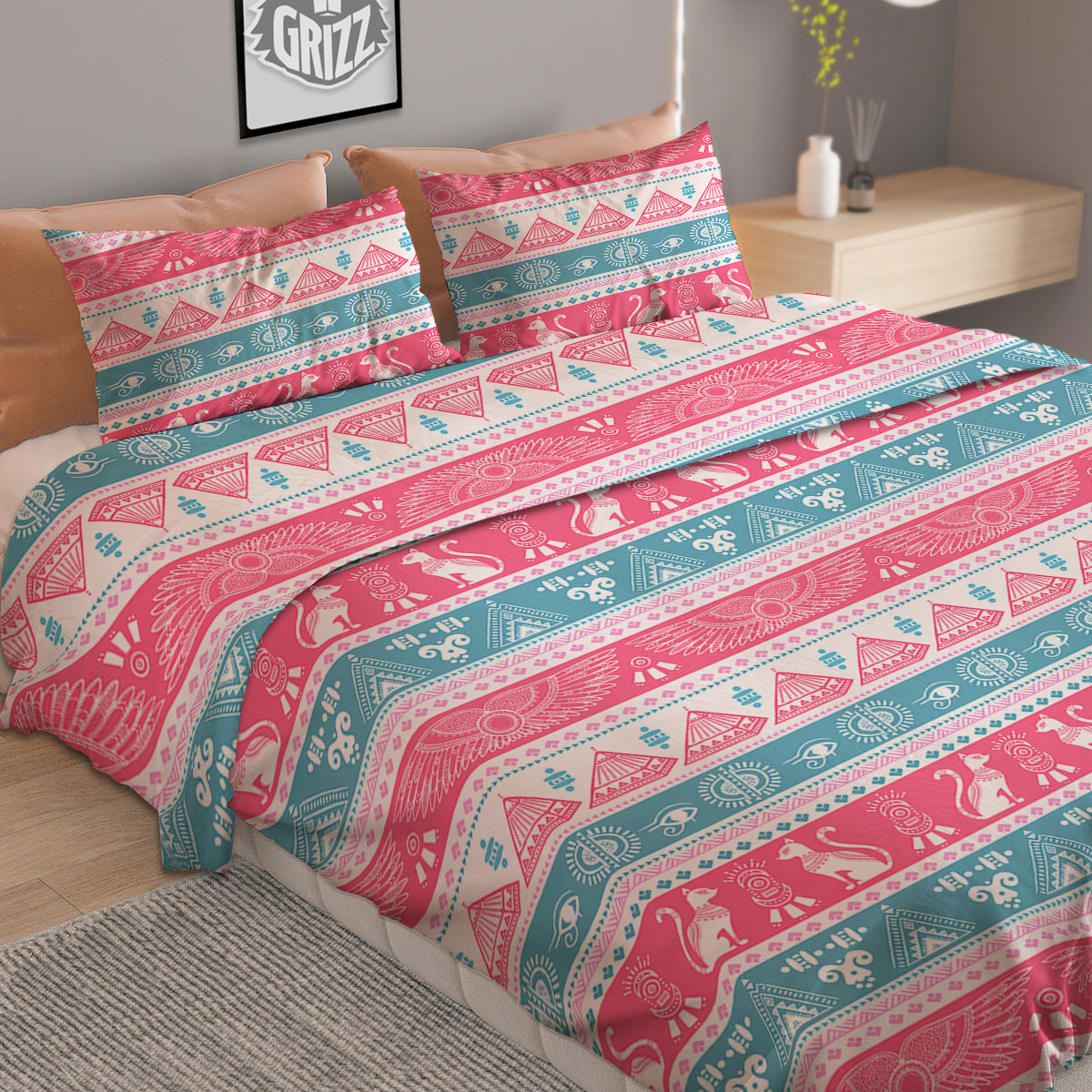 Tribal Ethnic Pink Blue Egypt Print Pattern Duvet Cover Bedding Set