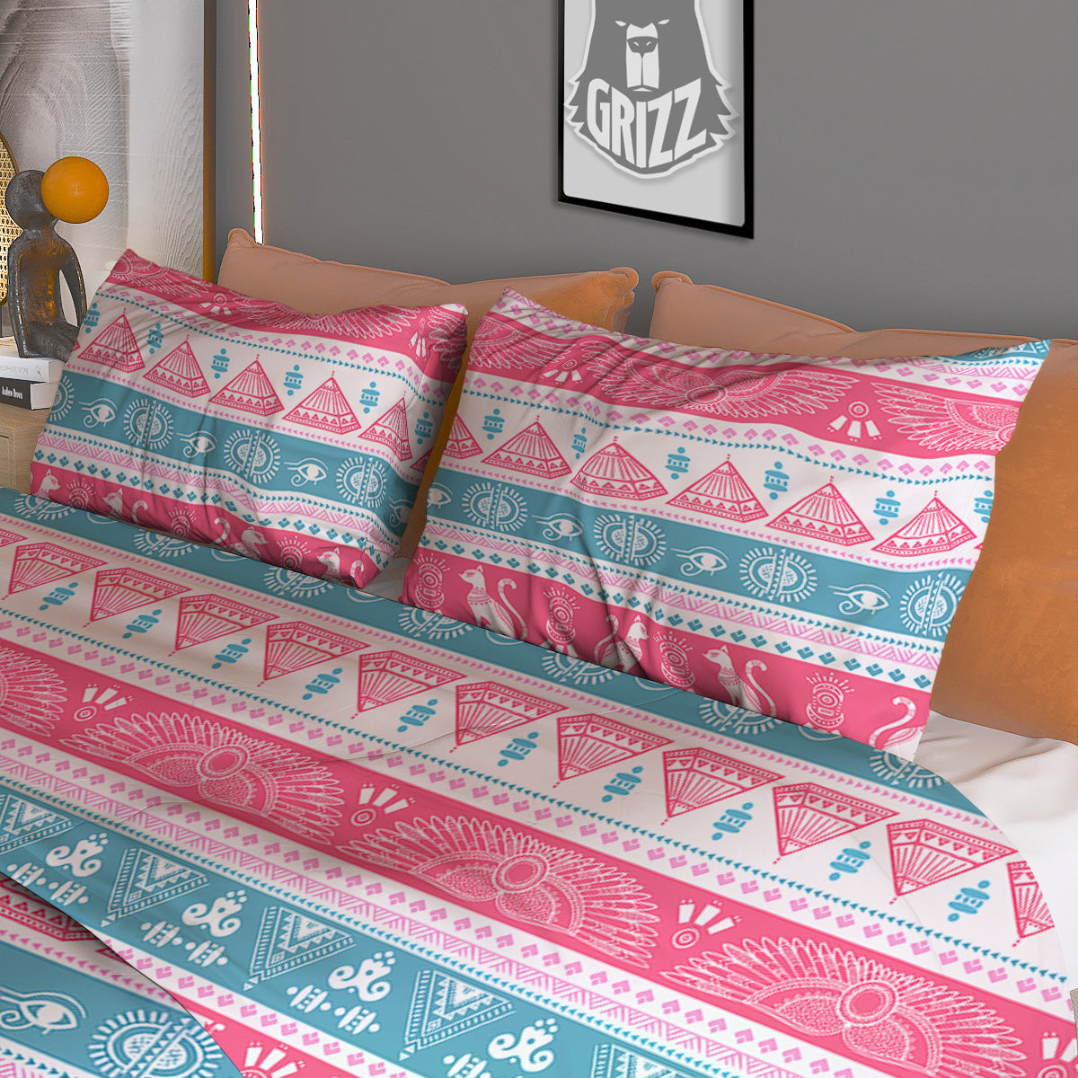Tribal Ethnic Pink Blue Egypt Print Pattern Duvet Cover Bedding Set