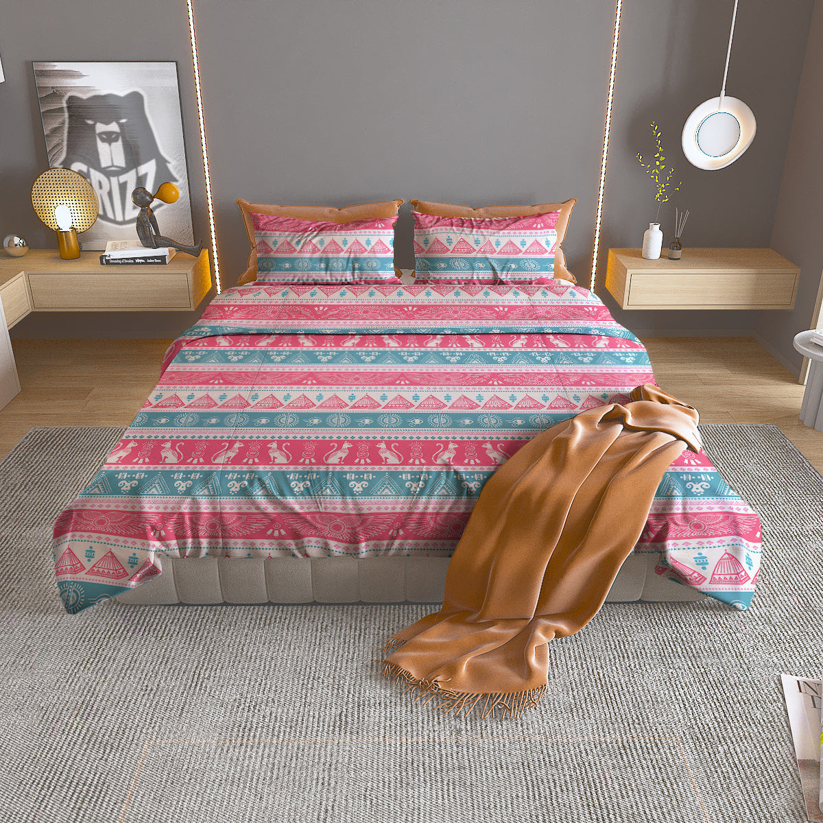 Tribal Ethnic Pink Blue Egypt Print Pattern Duvet Cover Bedding Set