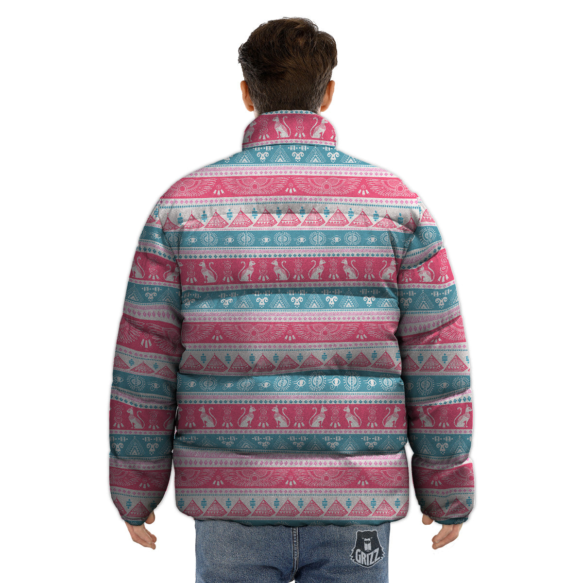 Tribal Ethnic Pink Blue Egypt Print Pattern Puffer Jacket-grizzshop