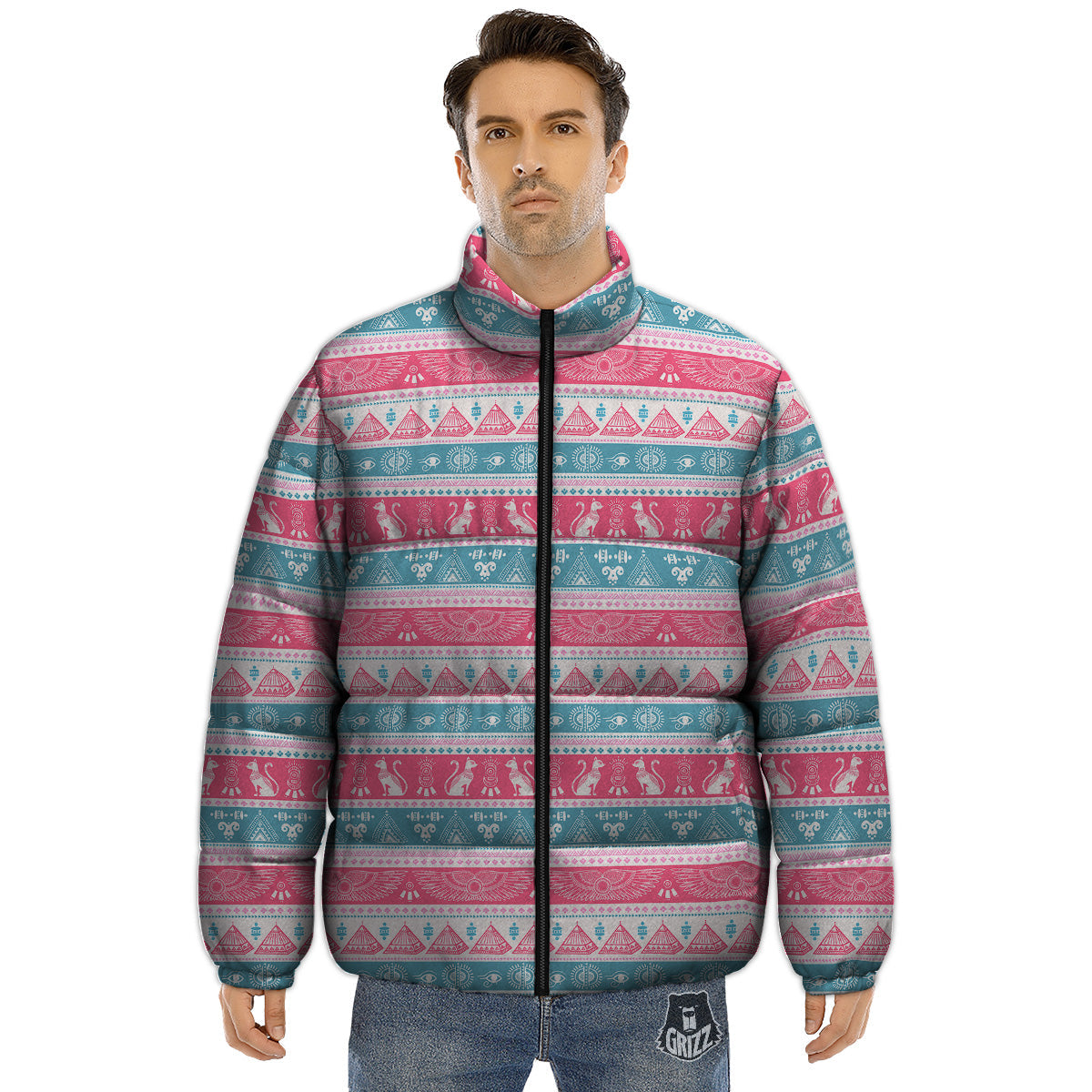 Tribal Ethnic Pink Blue Egypt Print Pattern Puffer Jacket-grizzshop