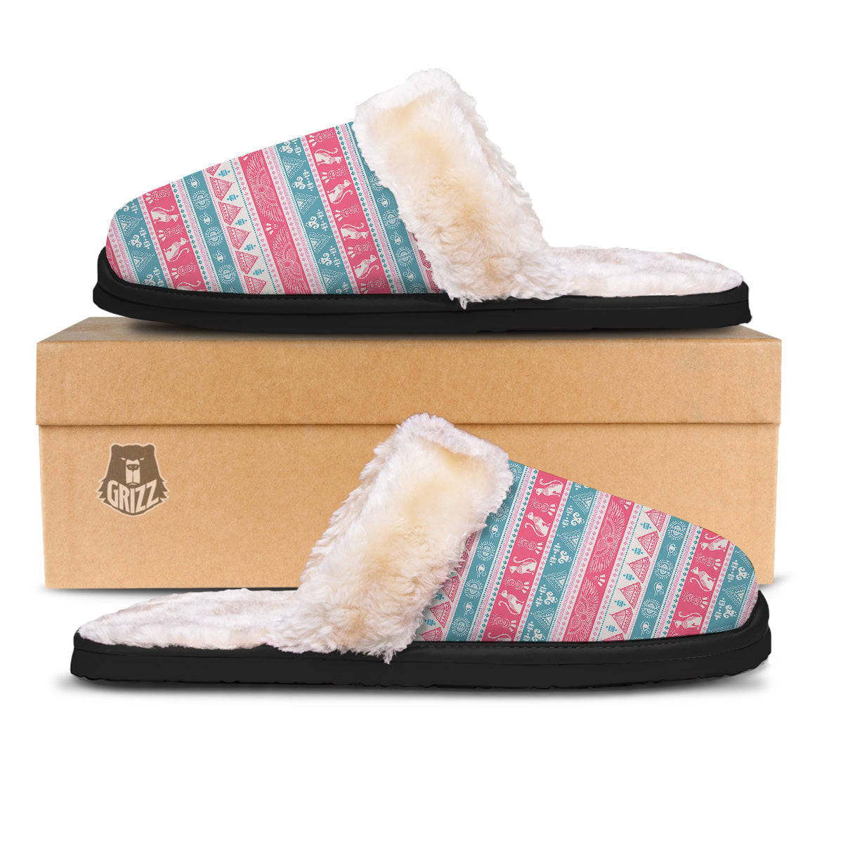 Tribal Ethnic Pink Blue Egypt Print Pattern Slippers-grizzshop