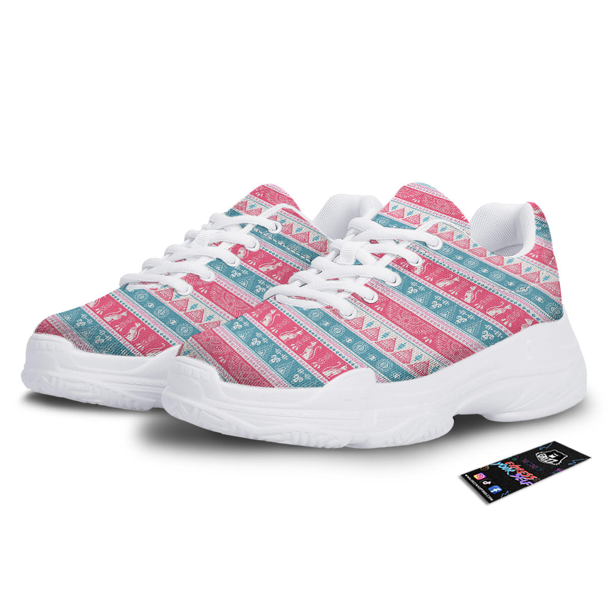 Tribal Ethnic Pink Blue Egypt Print Pattern White Chunky Shoes-grizzshop