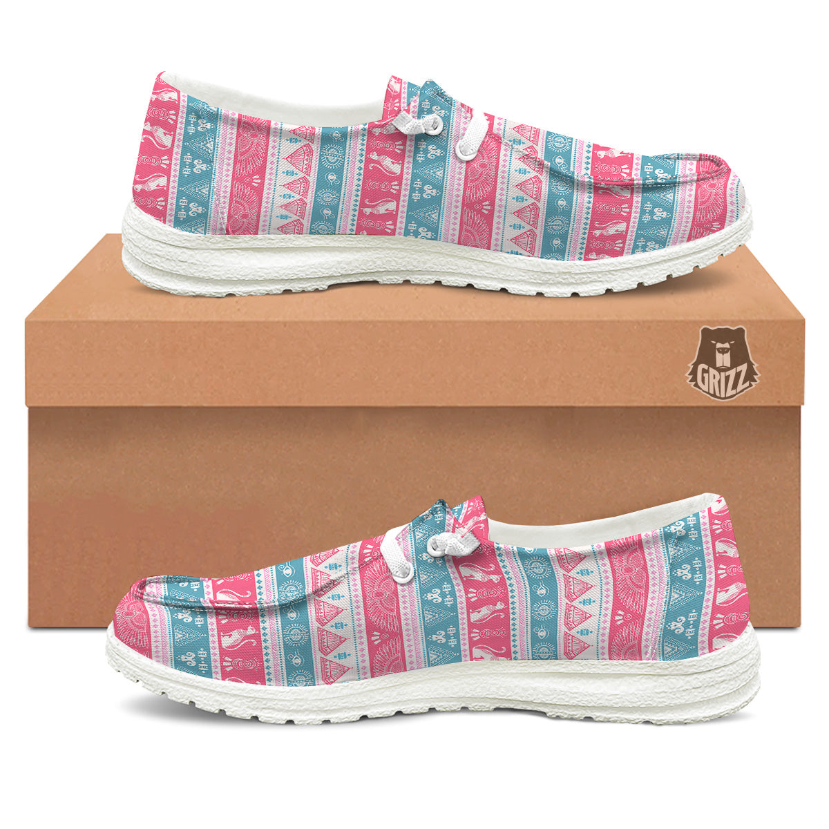 Tribal Ethnic Pink Blue Egypt Print Pattern White Loafers-grizzshop