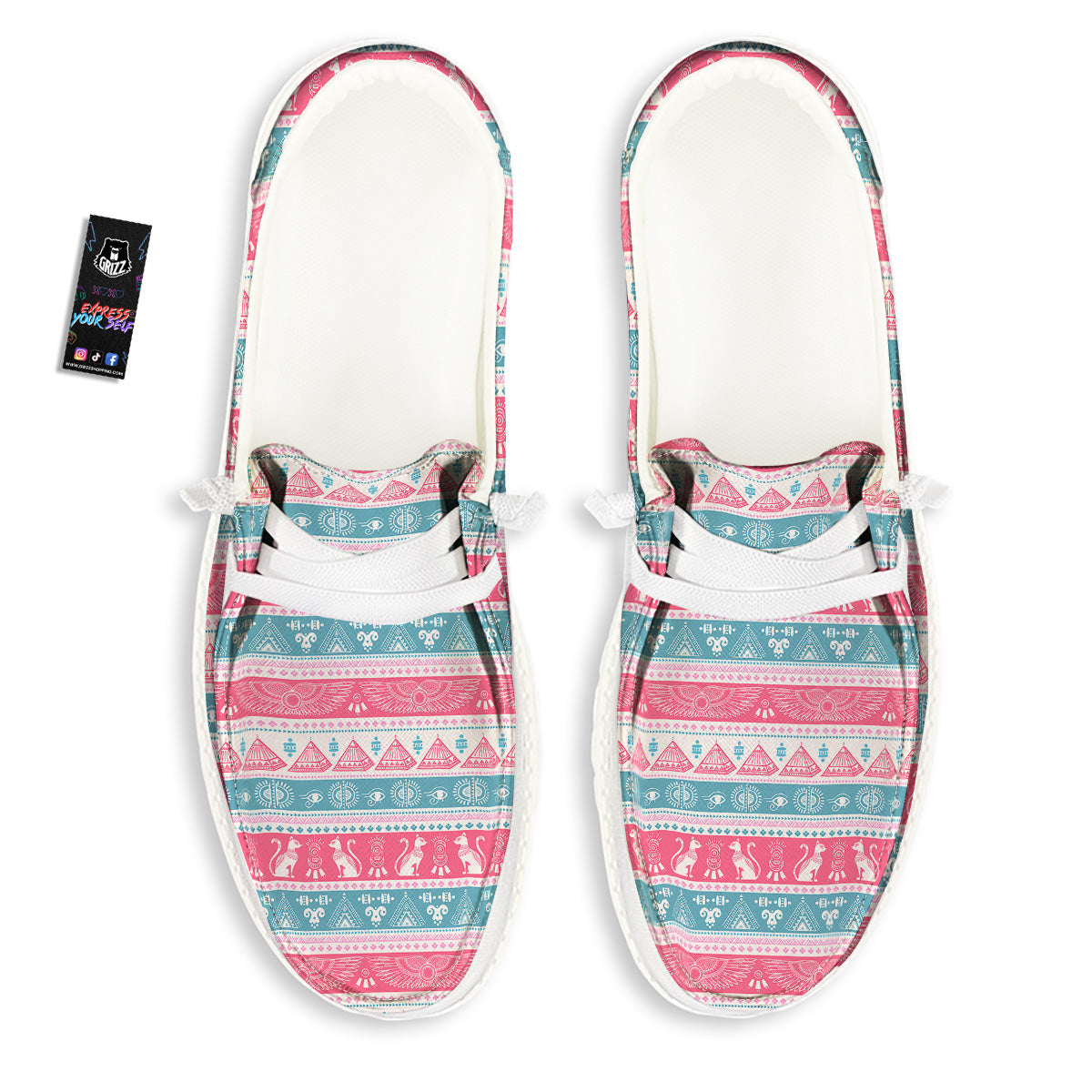 Tribal Ethnic Pink Blue Egypt Print Pattern White Loafers-grizzshop