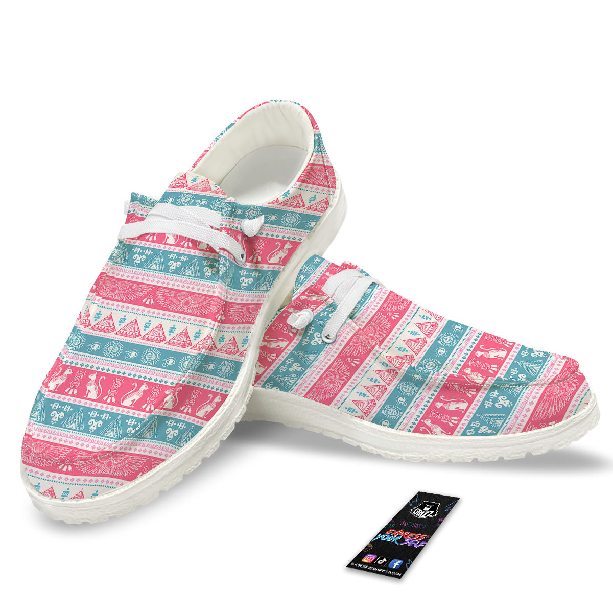 Tribal Ethnic Pink Blue Egypt Print Pattern White Loafers-grizzshop