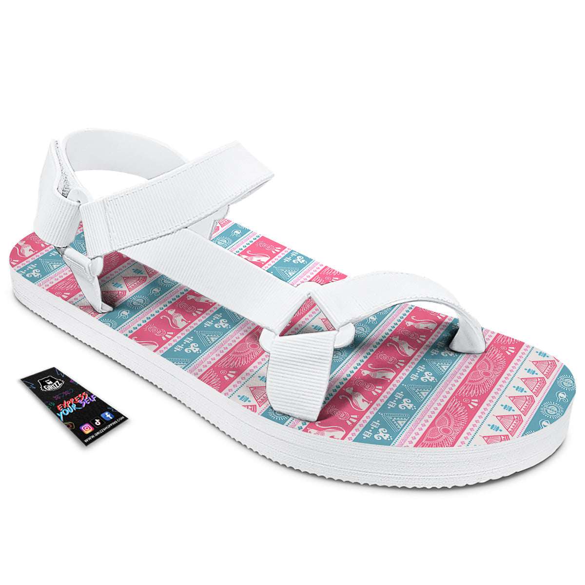 Tribal Ethnic Pink Blue Egypt Print Pattern White Open Toe Sandals-grizzshop
