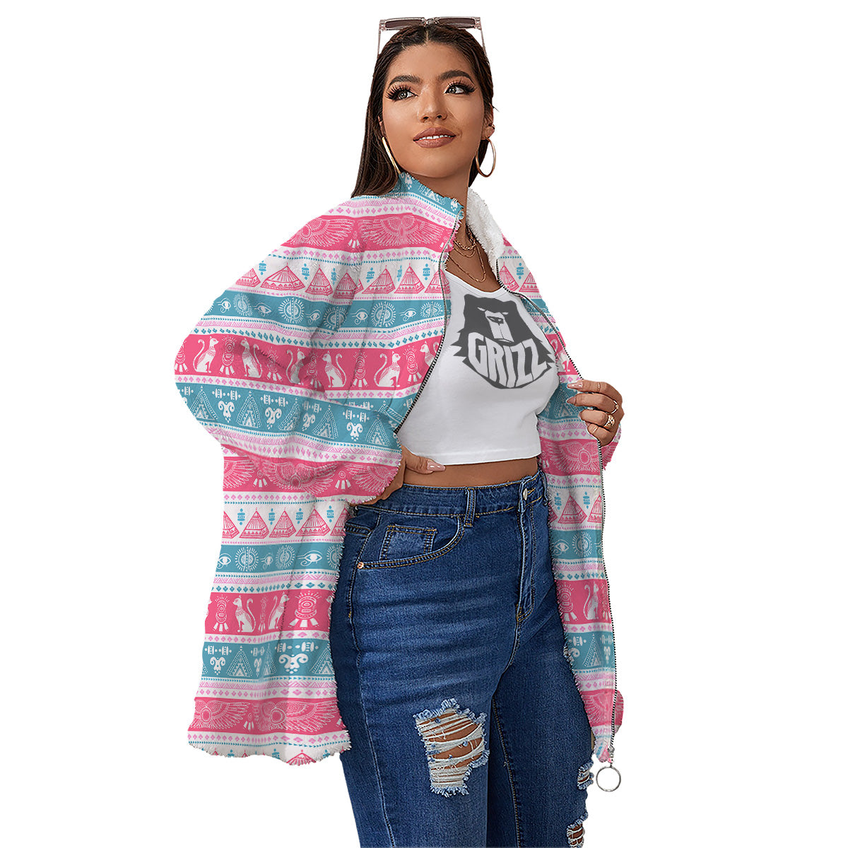 Tribal Ethnic Pink Blue Egypt Print Pattern Women's Sherpa Jacket-grizzshop
