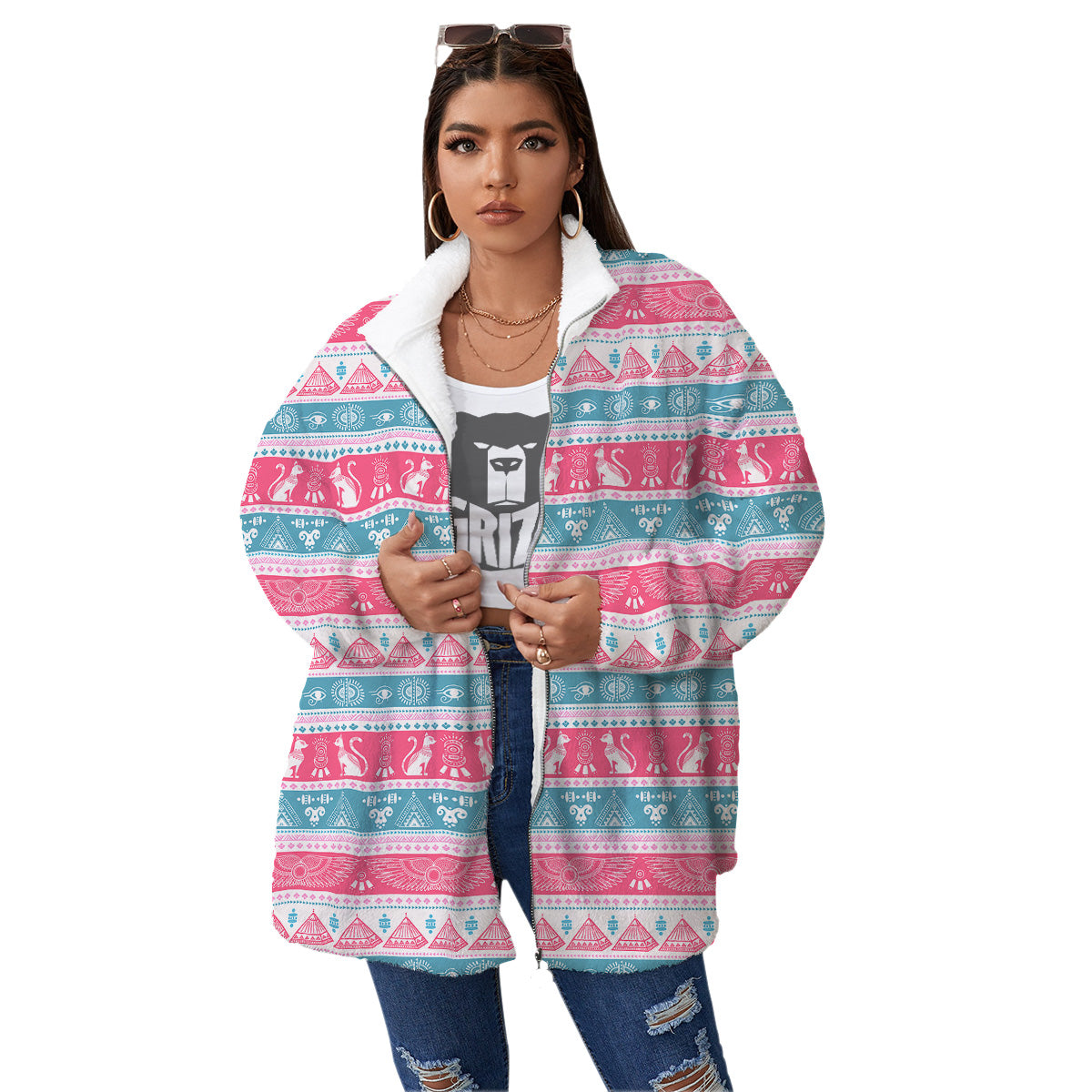 Tribal Ethnic Pink Blue Egypt Print Pattern Women's Sherpa Jacket-grizzshop