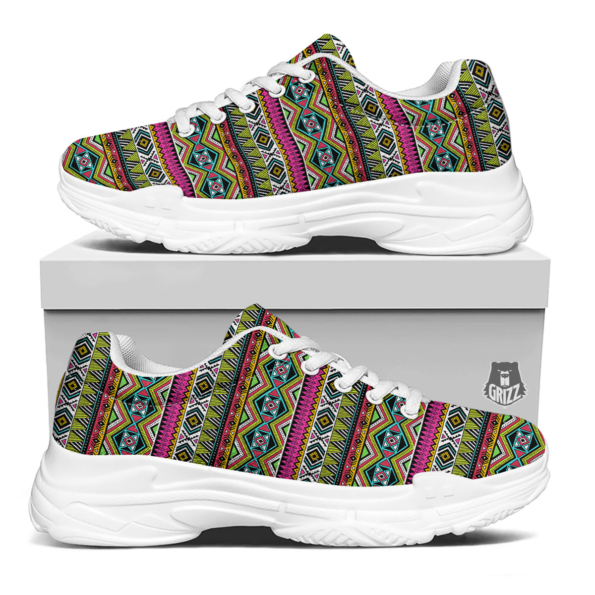 Tribal Geometric Colorful Print Pattern White Chunky Shoes-grizzshop
