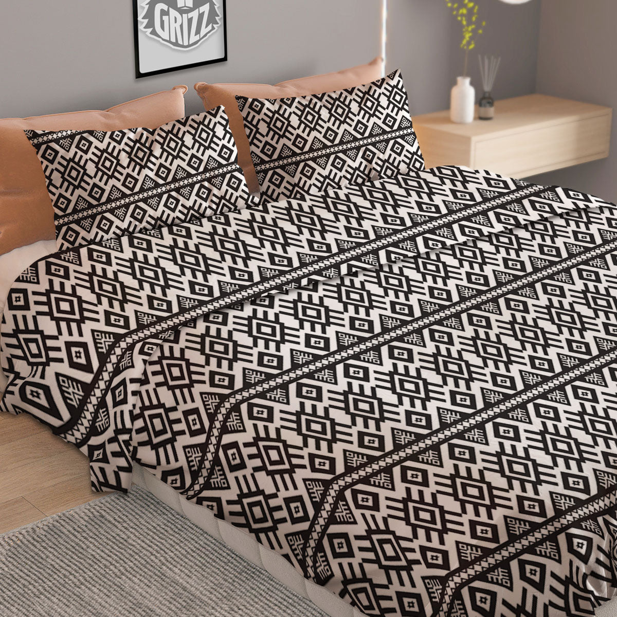 Tribal Geometric White And Black Print Duvet Cover Bedding Set