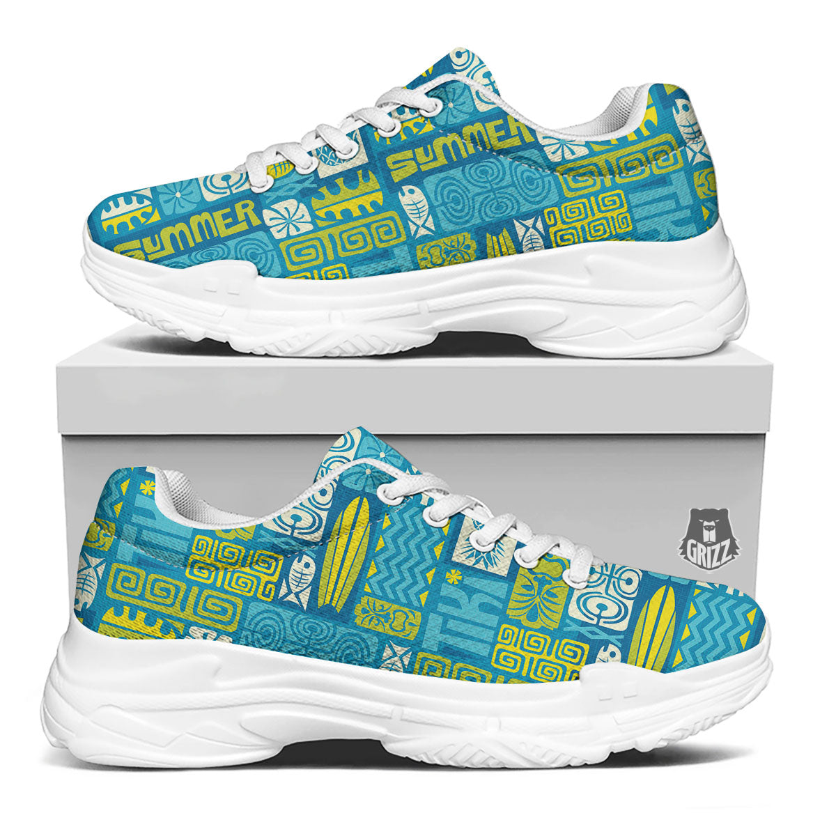 Tribal Hawaii Polynesian Print White Chunky Shoes-grizzshop