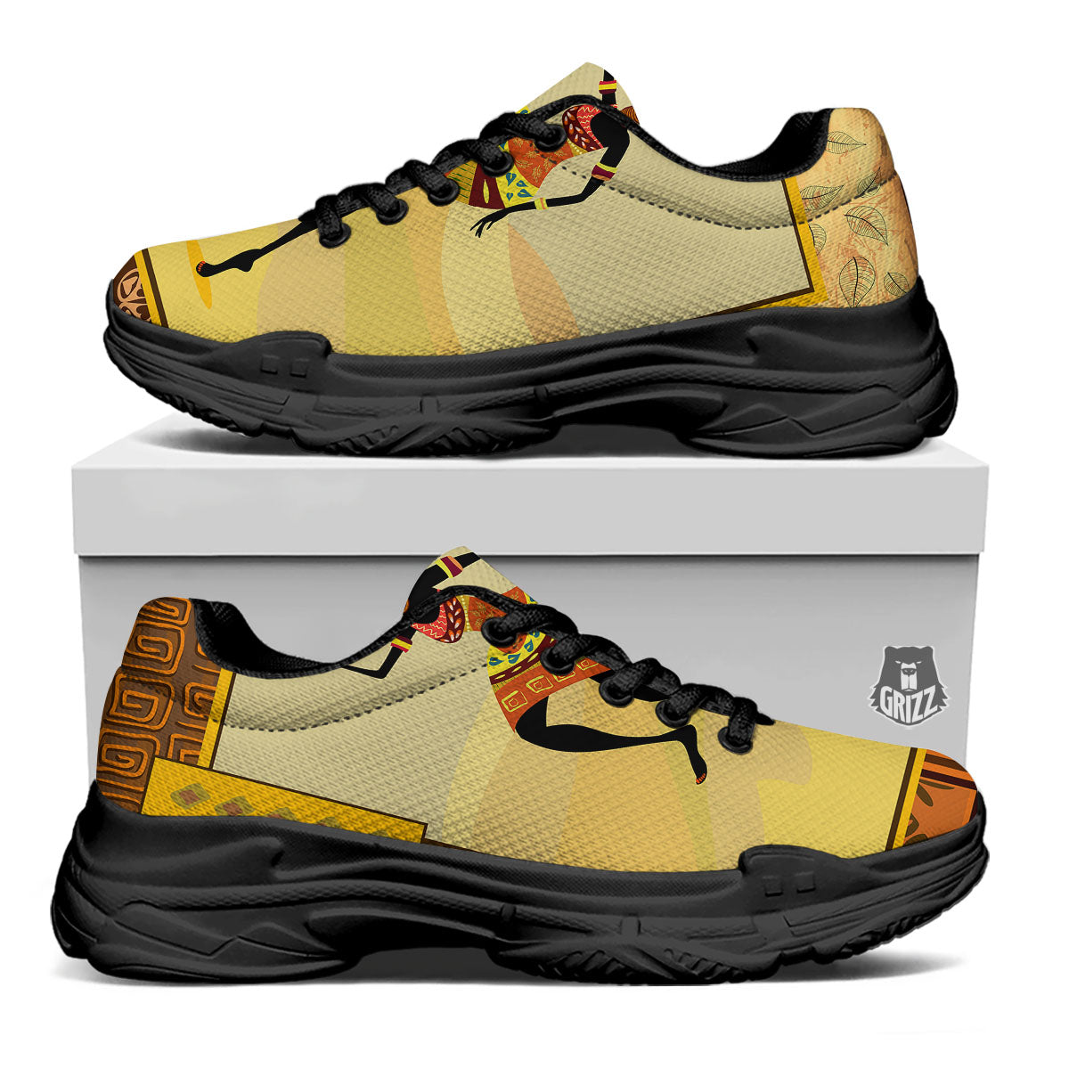 Tribal Inspired African Ethnic Print Black Chunky Shoes-grizzshop